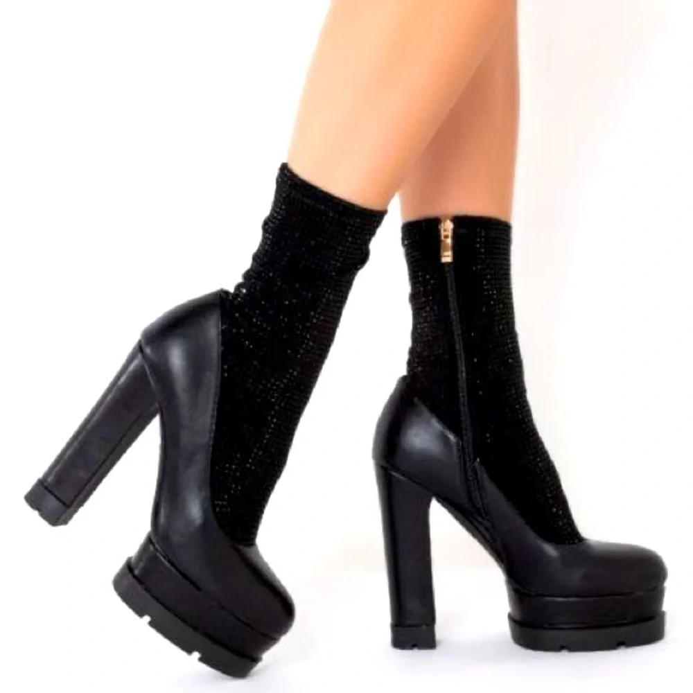 Black Leather Rhinestone Sock Ultra Chunky Platform Booties